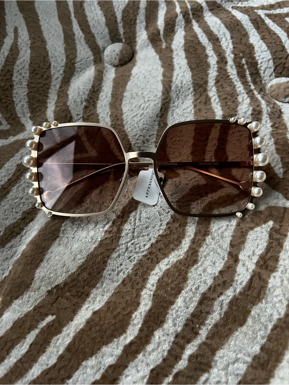 Anthropologie Gold Frame Sunglasses with Brown Lenses and Pearl Trim